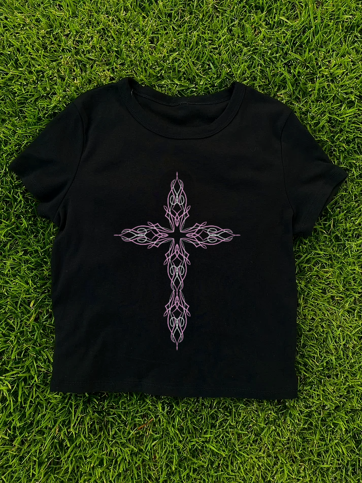 pink pinstripe cross baby tee
