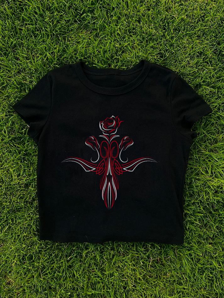 red pinstripe rose baby tee