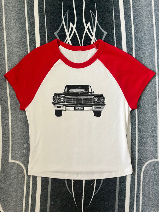 64 Impala red raglan baby tee