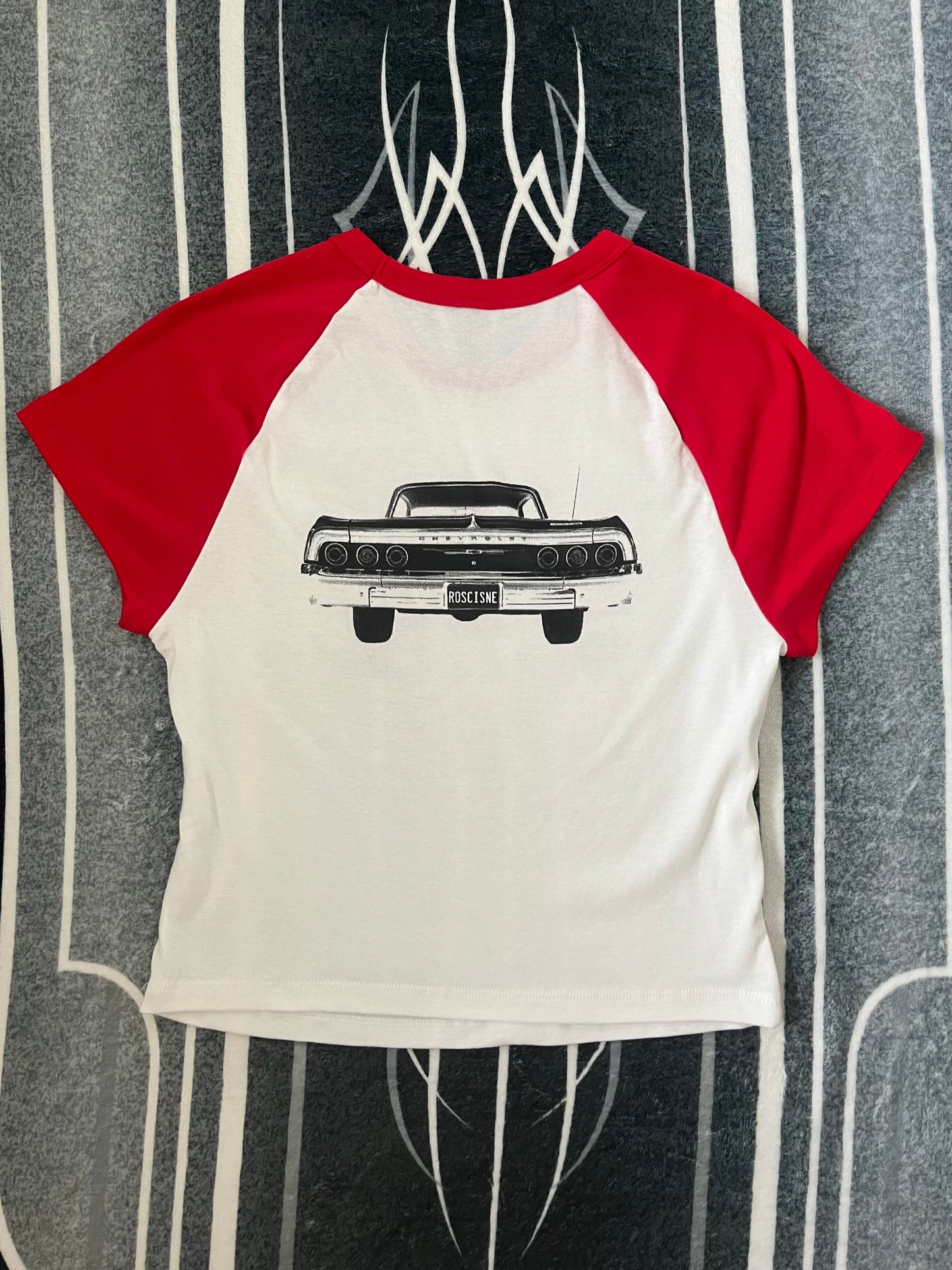 64 Impala red raglan baby tee