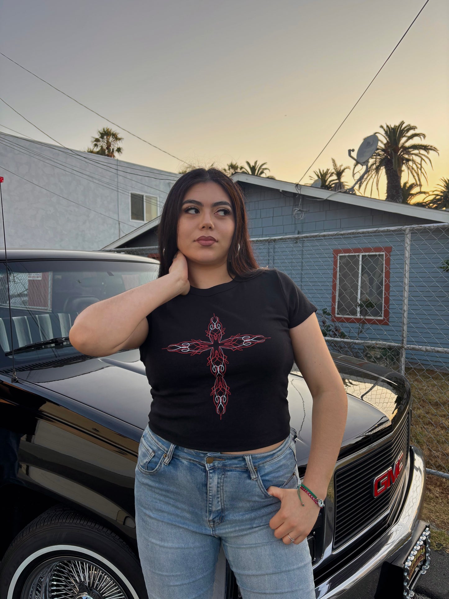 red cross pinstripe baby tee