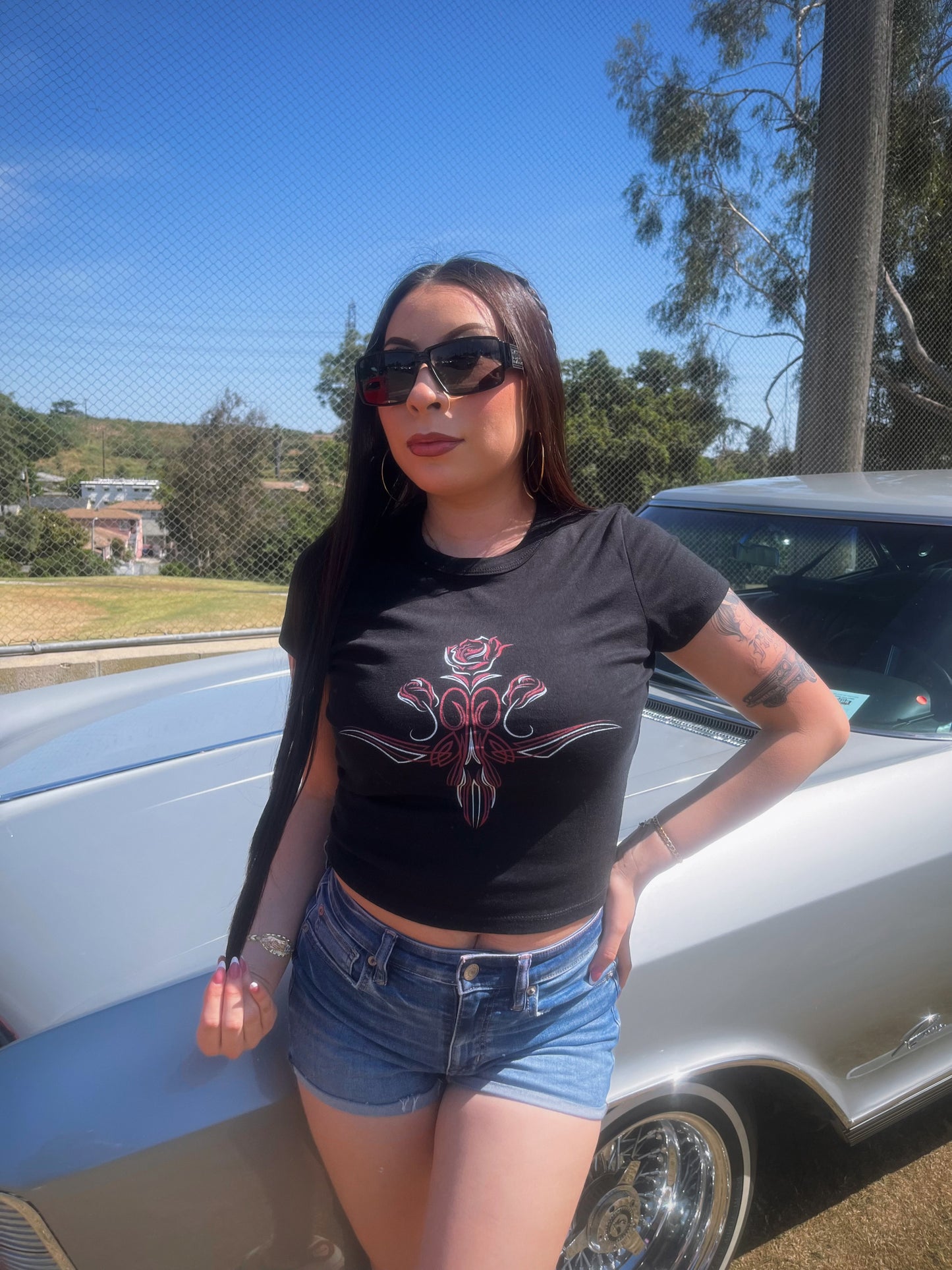 red rose pinstripe baby tee