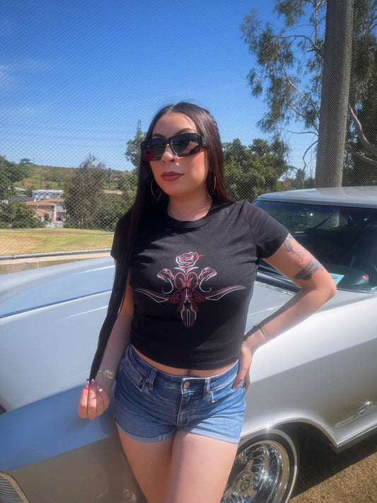 red rose pinstripe baby tee