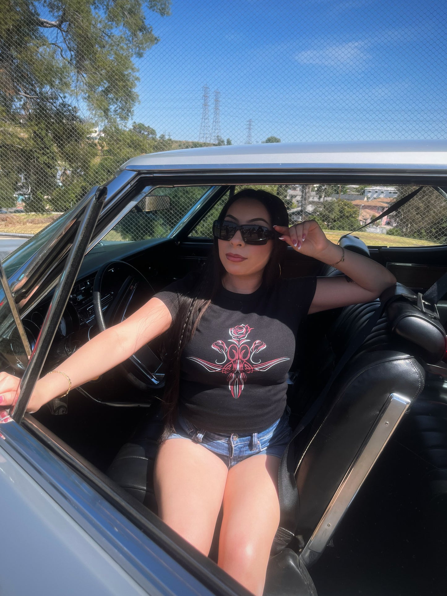 red rose pinstripe baby tee