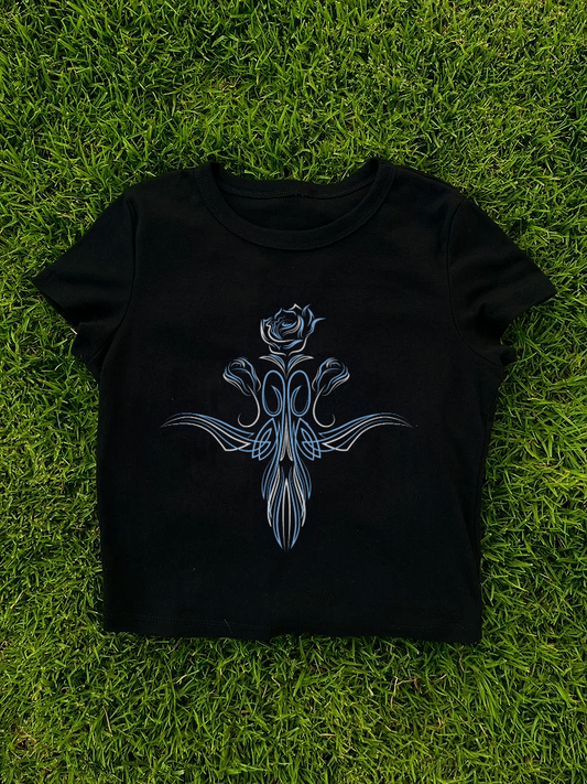 blue pinstripe rose baby tee