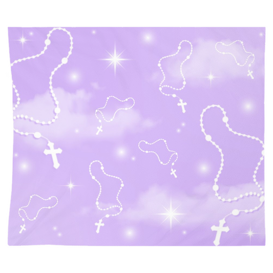 Purple background with airbrush style white star patterns, rosaries, and celestial elements.
