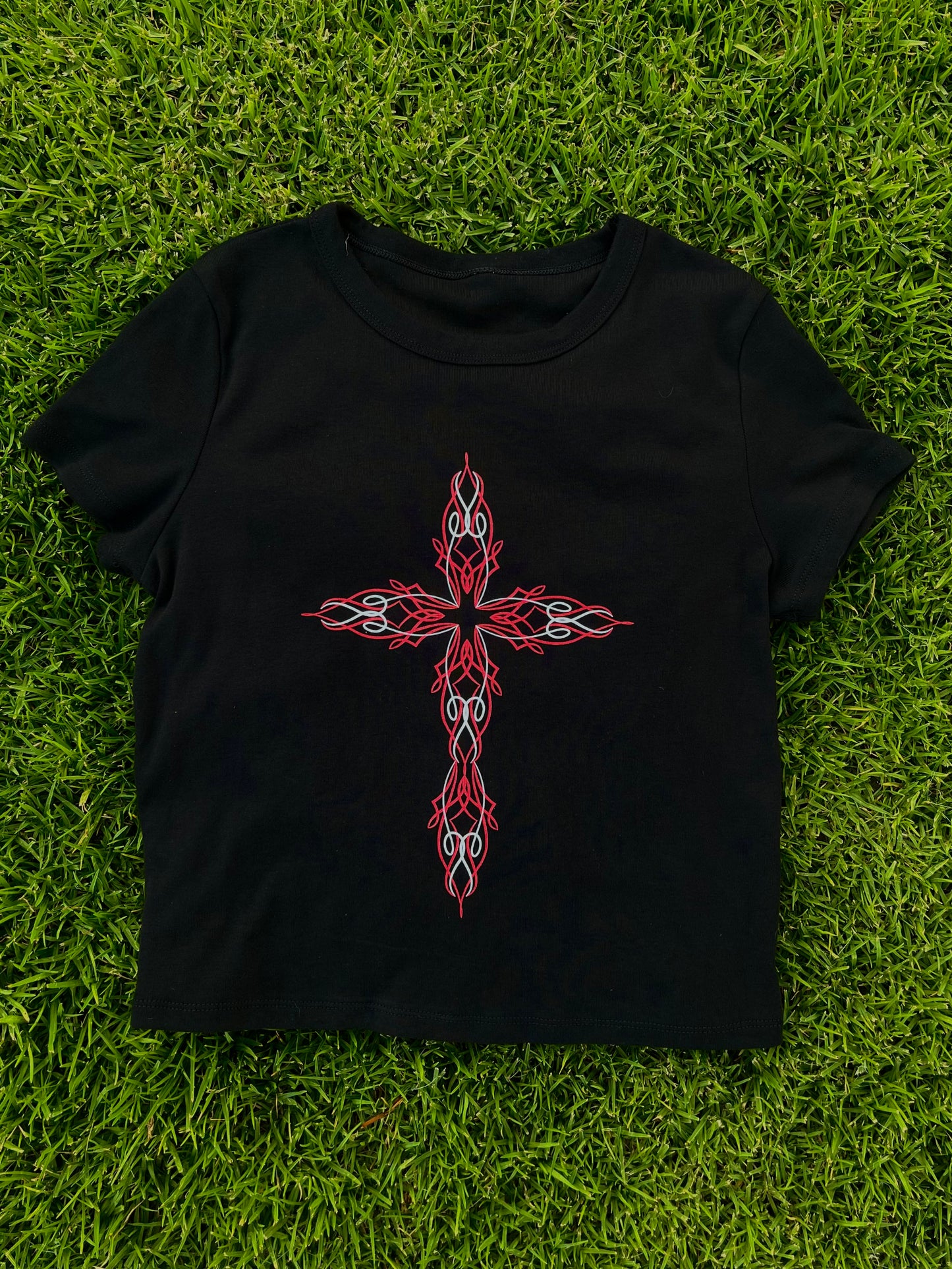 red pinstripe cross baby tee