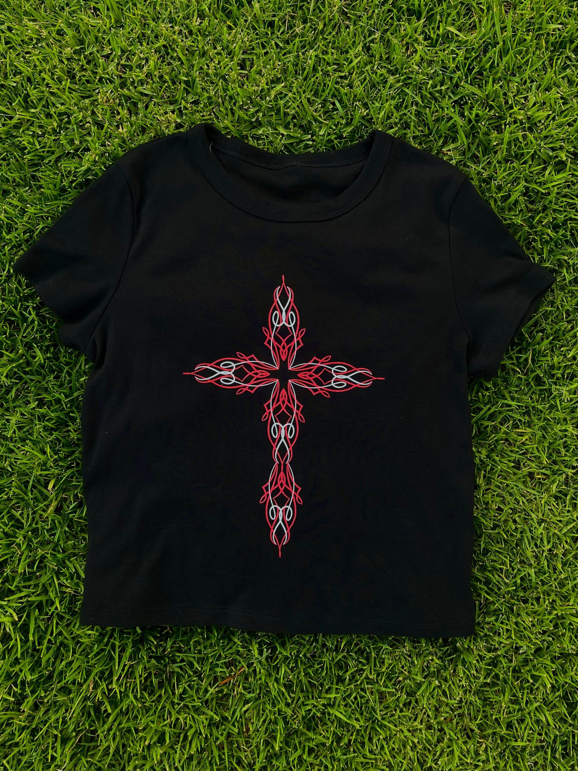 red pinstripe cross baby tee