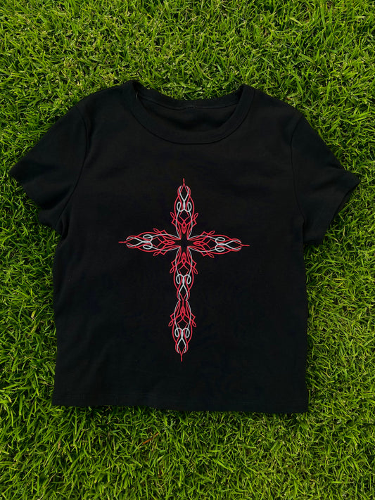 red pinstripe cross baby tee