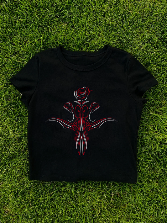red pinstripe rose baby tee